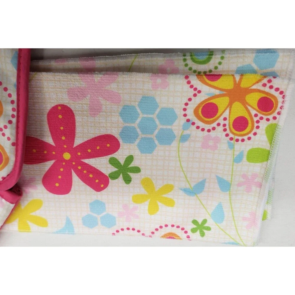 3pc Kitchen Set:1 Pot Holder,1 Oven Mitt,1 Microfiber Towel, Multicolor Flowers,